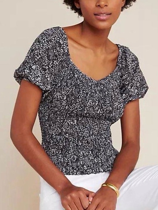 Tops - Anthropologie Aurelia Smocked Black White Puff Sleeve